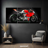 Ducati Panigale split panel poster displaying a red and white Ducati motorcycle on a black background